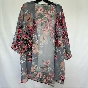 Gray‎ Blue Floral Print Kimono